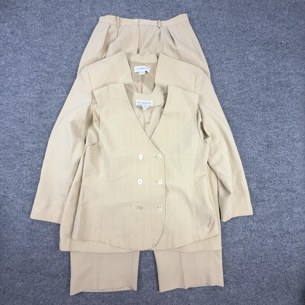 Liz Claiborne Pant Suit Set Womens 14 Beige Pinstripe 3 Piece Jacket Vest Pants